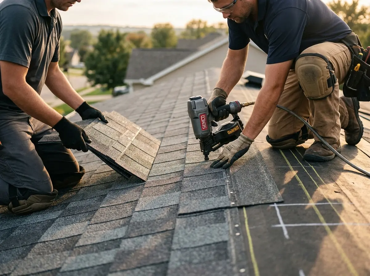 Professional roofer working on a residential roof in Athens